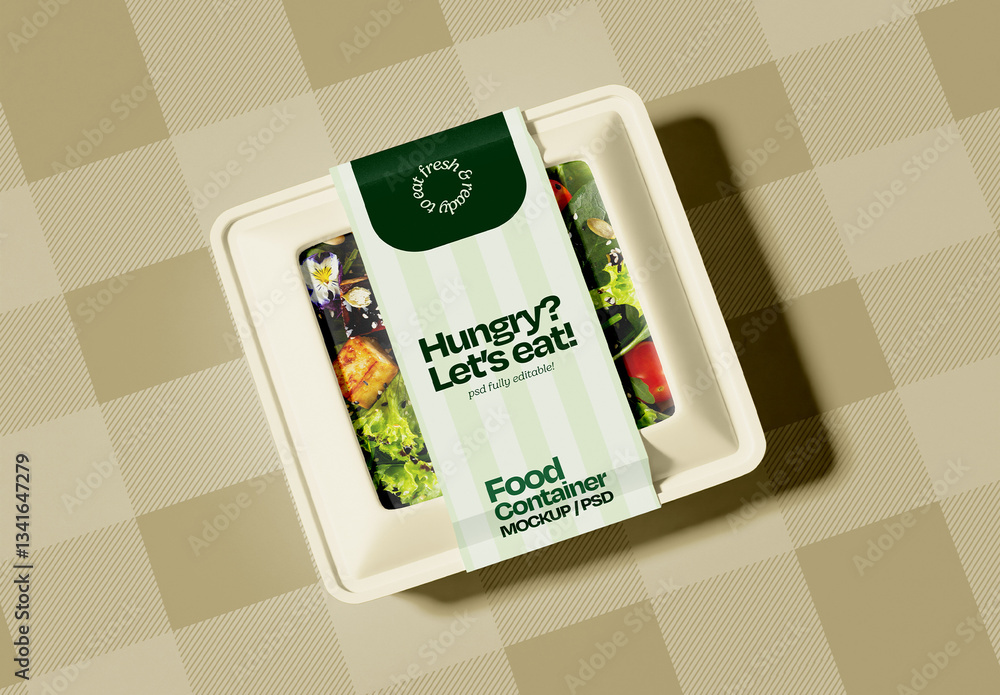 Food Container Mockup with Packaging Sleeve on Checkered Background ...