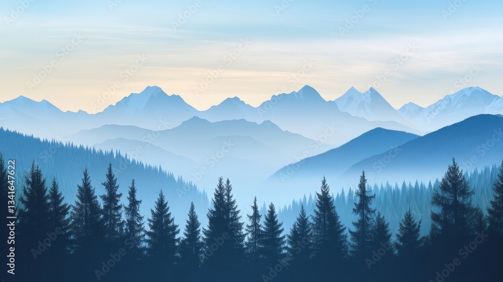 Realistic vector landscape with majestic mountain silhouettes, dense pine trees, serene morning forest atmosphere. Perfect for hiking, travel, adventure, nature exploration, outdoor design concepts Realistic vector landscape with majestic mountain silhouettes, dense pine trees, serene morning forest atmosphere. Perfect for hiking, travel, adventure, nature exploration, outdoor design concepts