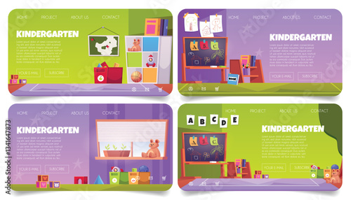 Set of kindergarten website page mockups with toys, chalkboard, books and furniture.