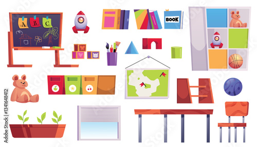 Vector illustration of a set of furniture and toys in a kindergarten room.