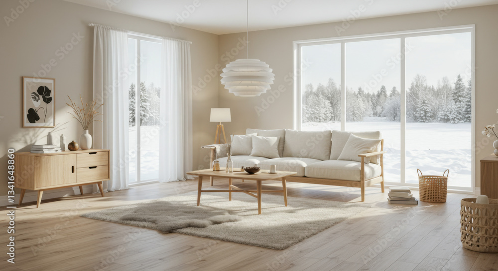 a Scandinavian style living room with light wood furniture and sheepskin rugs a Scandinavian style living room with light wood furniture and sheepskin rugs