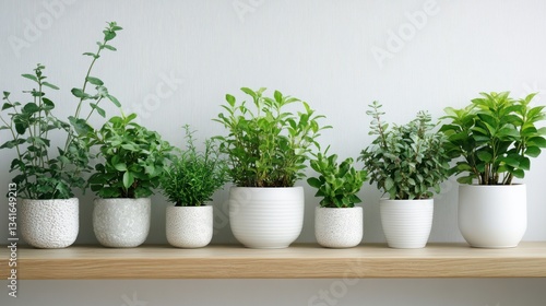 Wallpaper Mural A bunch of small green houseplants in modern white pots with stone bases, arranged harmoniously on a clean Torontodigital.ca