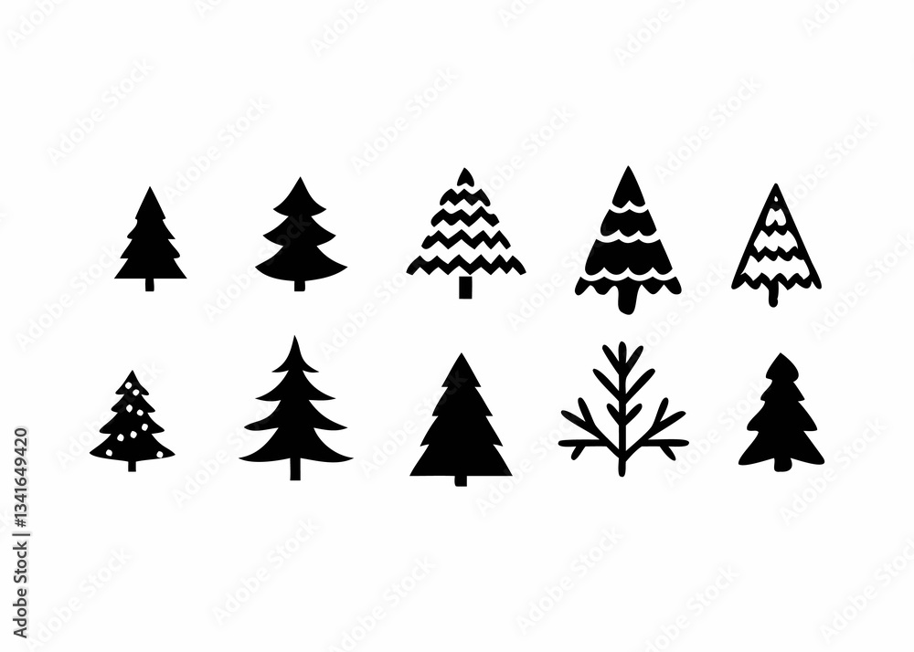 Obraz premium Collection of Simple Black and White Christmas Tree Icons