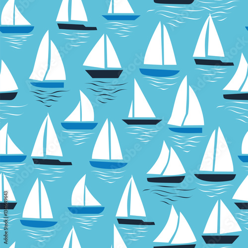 Seamless abstract sea background. Sailboats on blue background. Sea seamless pattern.