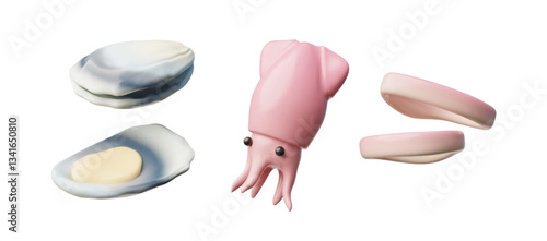 3d vector seafood set, mussel or oyster, squid and squid rings. Ingredients.