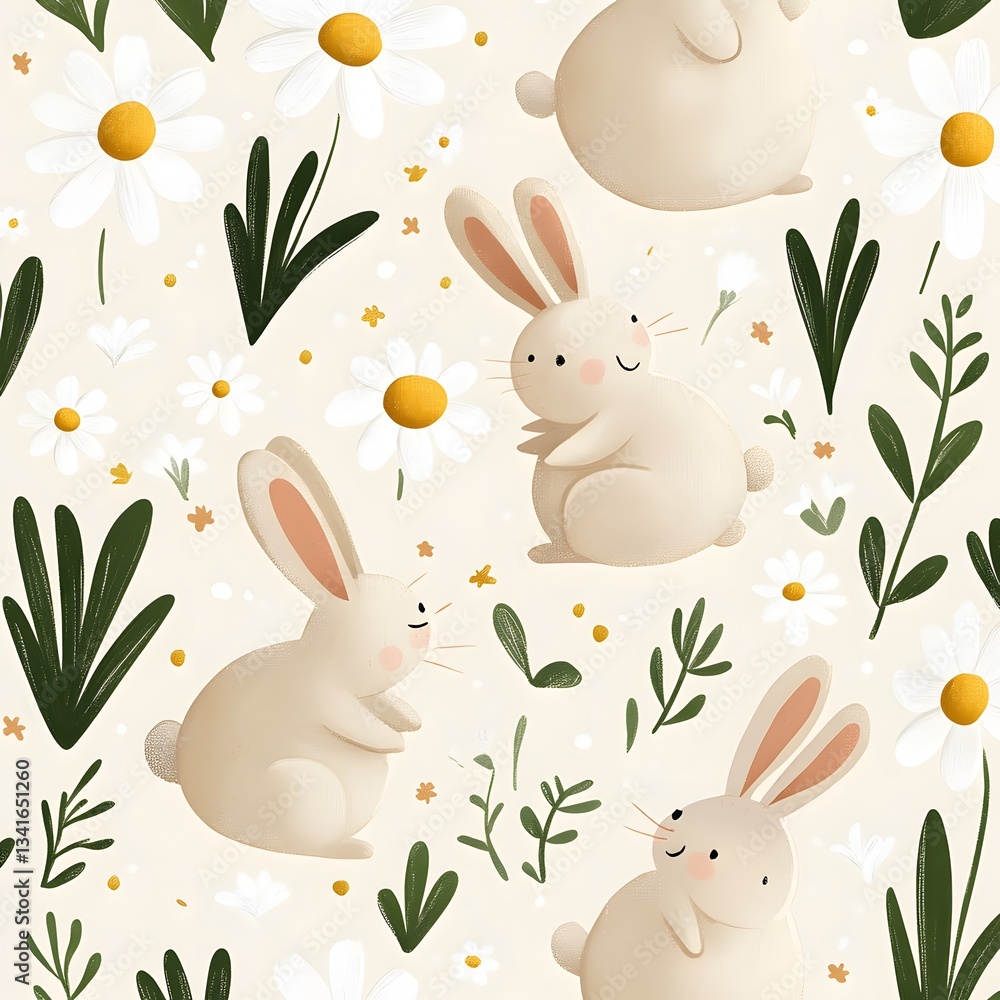 A repeating pattern of fluffy bunnies hopping through a field of wild daisies. A repeating pattern of fluffy bunnies hopping through a field of wild daisies.
