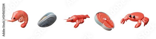 3D illustration of shrimp, mussel, lobster, crayfish and red fish steak. Vector set of seafood.