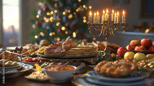 Hanukkah traditions: Menorah lighting and traditional foods photo