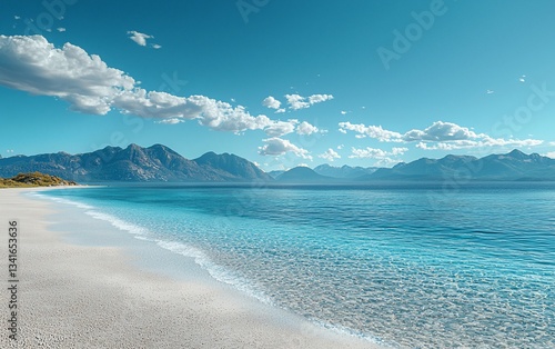 Pristine beach with turquoise water and mountains; scenic view