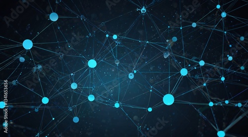 Abstract digital network background with glowing blue nodes, futuristic data connection lines, neural network concept for technology and science