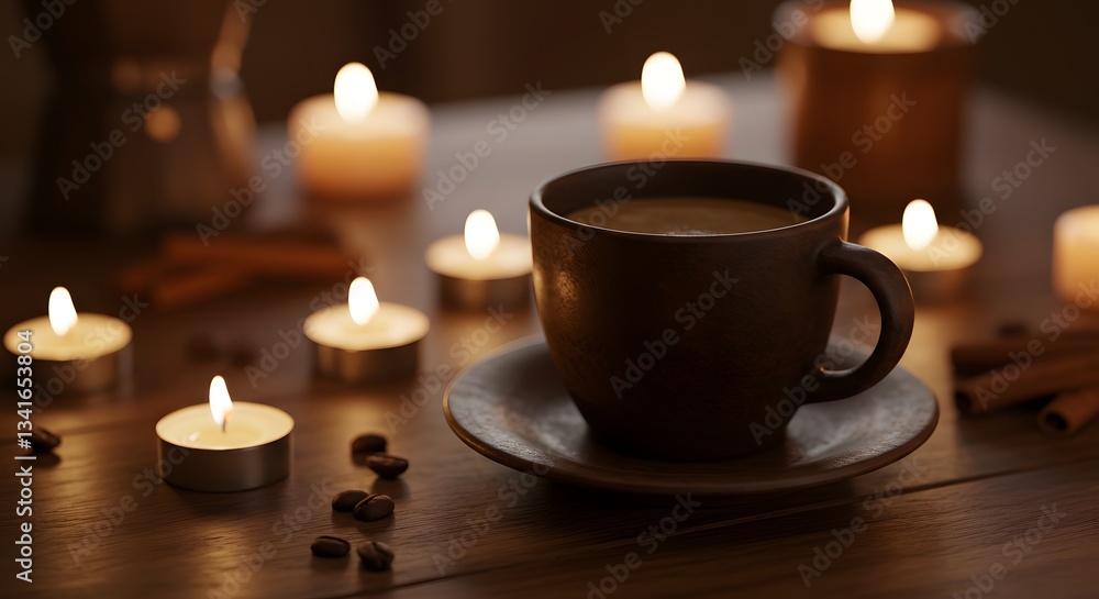 Coffee Cup and Candles Create Cozy Atmosphere on Wooden Table Coffee Cup and Candles Create Cozy Atmosphere on Wooden Table