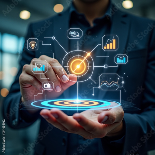 A futuristic business strategy concept featuring a sleek digital interface. A holographic dashboard displaying key performance metrics floats above a modern workspace