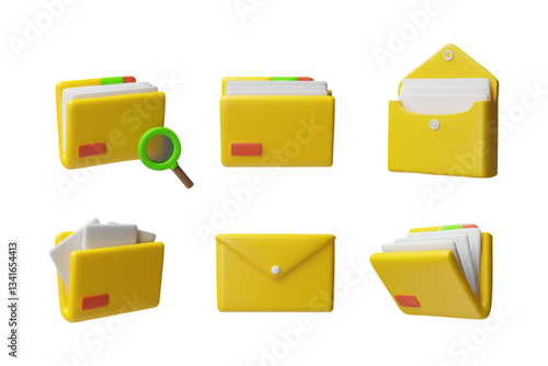 Folder with documents 3D cartoon vector icons set, file management, magnifying glass, envelope, data files interface