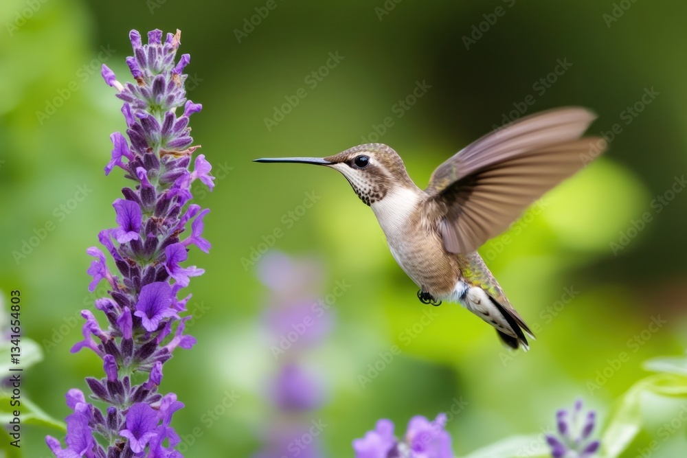 Fototapeta premium Hummingbird in flight near lavender flowers