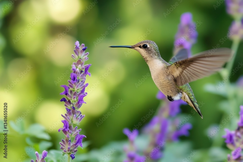 Naklejka premium Hummingbird in flight near purple flowers in garden