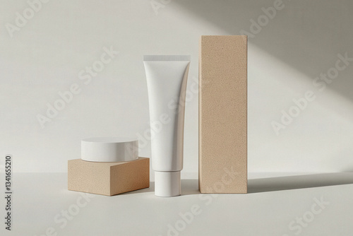 Prodotti cosmetici in packaging minimalista beige, tra cui crema e tubo su superficie chiara con ombre naturali, mockup