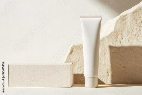 Prodotti cosmetici in packaging minimalista beige, tra cui crema e tubo su superficie chiara con ombre naturali, mockup