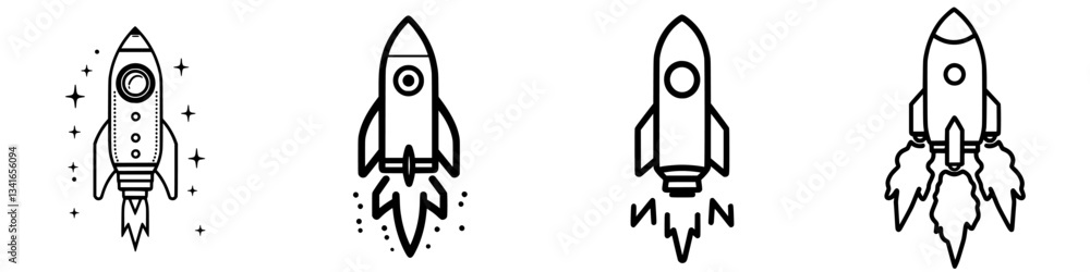 Different designs and styles of rockets taking off, showcasing various shapes and embellishments in a modern art style Different designs and styles of rockets taking off, showcasing various shapes and embellishments in a modern art style