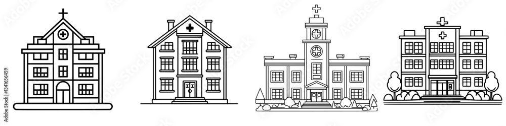 Various styles of healthcare buildings illustrated in a minimalist line art design showcasing architecture diversity in medical services Various styles of healthcare buildings illustrated in a minimalist line art design showcasing architecture diversity in medical services