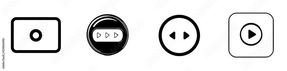 Collection of multimedia control icons displayed in various shapes and styles for digital applications and interfaces Collection of multimedia control icons displayed in various shapes and styles for digital applications and interfaces