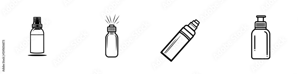 Various spray bottles with different nozzle designs arranged in a row on a clean background Various spray bottles with different nozzle designs arranged in a row on a clean background