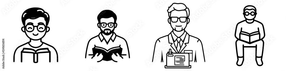 Group of individuals engaged in reading and studying, showcasing diverse interests and professional backgrounds in a simple illustration Group of individuals engaged in reading and studying, showcasing diverse interests and professional backgrounds in a simple illustration