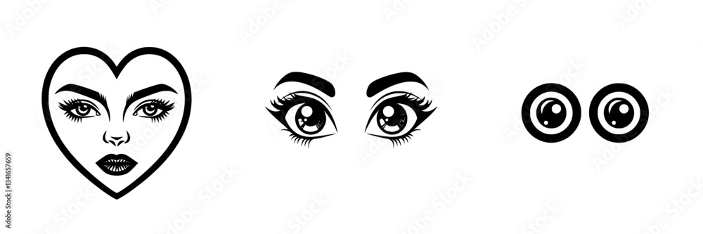 Designs of stylized eyes and face in heart shape showcase unique artistic expressions Designs of stylized eyes and face in heart shape showcase unique artistic expressions