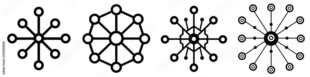 Various geometric network designs displayed in a minimalist style showcasing nodes and connections in black and white Various geometric network designs displayed in a minimalist style showcasing nodes and connections in black and white