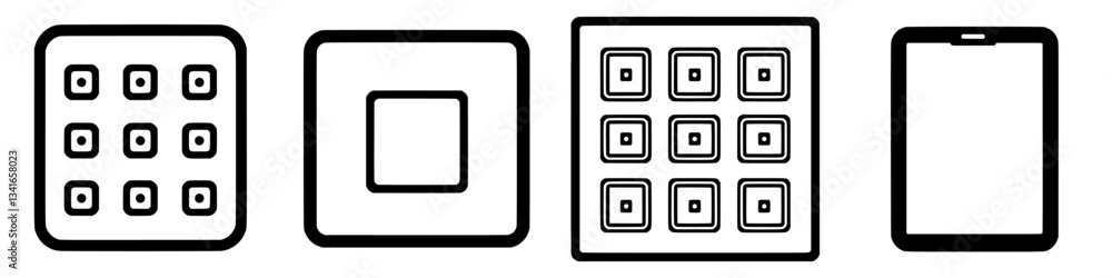 Unique variations of simple geometric shapes depicting buttons and screens in a minimalist design setting Unique variations of simple geometric shapes depicting buttons and screens in a minimalist design setting