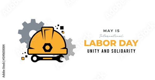 Illustration of a yellow hard hat with gears, symbolizing labor, industry, and unity. Celebrating International Labor Day on May 1st, emphasizing workers' solidarity, rights, and contributions