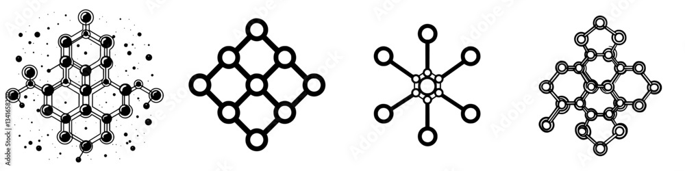Molecular structures in black and white showcasing detailed compositions of various chemical bonds and arrangements Molecular structures in black and white showcasing detailed compositions of various chemical bonds and arrangements