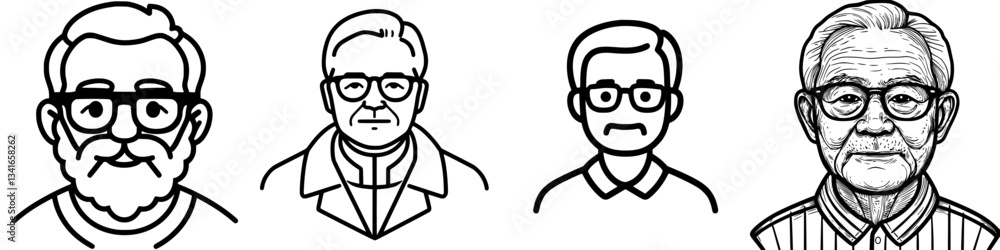 Illustrations of four distinctive male characters showing different ages and styles in a minimalist design Illustrations of four distinctive male characters showing different ages and styles in a minimalist design