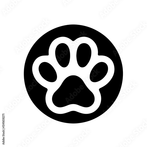 Vector black and white silhouette of a paw print, drawn with minimalist strokes