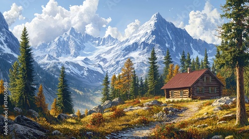 A mountain cabin surrounded by majestic peaks and pine trees.