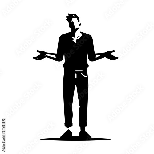 Vector black and white silhouette of a person shrugging, drawn with minimalist strokes