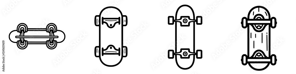Different perspectives of skateboard designs showcasing the top view and detailing of wheels and deck over a white background Different perspectives of skateboard designs showcasing the top view and detailing of wheels and deck over a white background