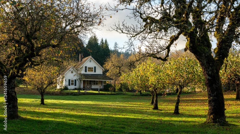 A peaceful orchard with a quaint home nestled among the trees. A peaceful orchard with a quaint home nestled among the trees.