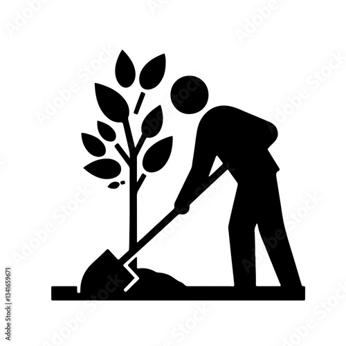 Vector black and white silhouette of a person planting a tree with a shovel, drawn with minimalist strokes
