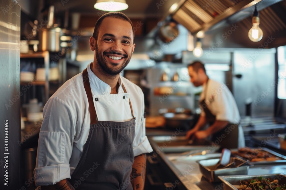 Portrait of smiling American chef in restaurant kitchen Portrait of smiling American chef in restaurant kitchen
