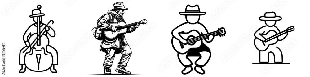 Different styles of musicians playing guitar and cello during a performance in an urban setting Different styles of musicians playing guitar and cello during a performance in an urban setting