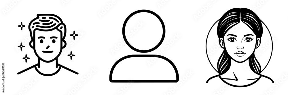 Stylized illustrations of diverse individuals featuring a smiling young man, a blank silhouette, and a confident young woman in a creative design Stylized illustrations of diverse individuals featuring a smiling young man, a blank silhouette, and a confident young woman in a creative design