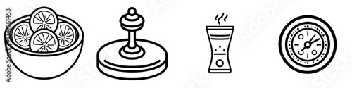 Lime slices in a bowl with a French press, a glass of beverage, and a clock symbolizing refreshment time at home