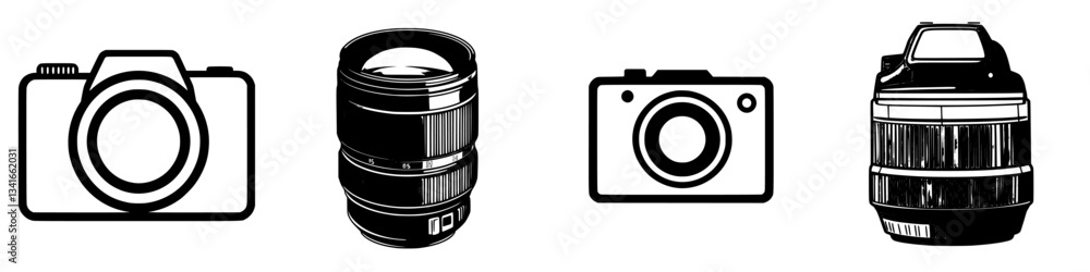 Various camera and lens illustrations showcasing photography equipment suitable for enthusiasts and professionals
