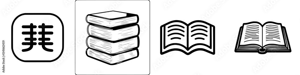 Illustration showing various book styles and designs suitable for educational or literary contexts Illustration showing various book styles and designs suitable for educational or literary contexts