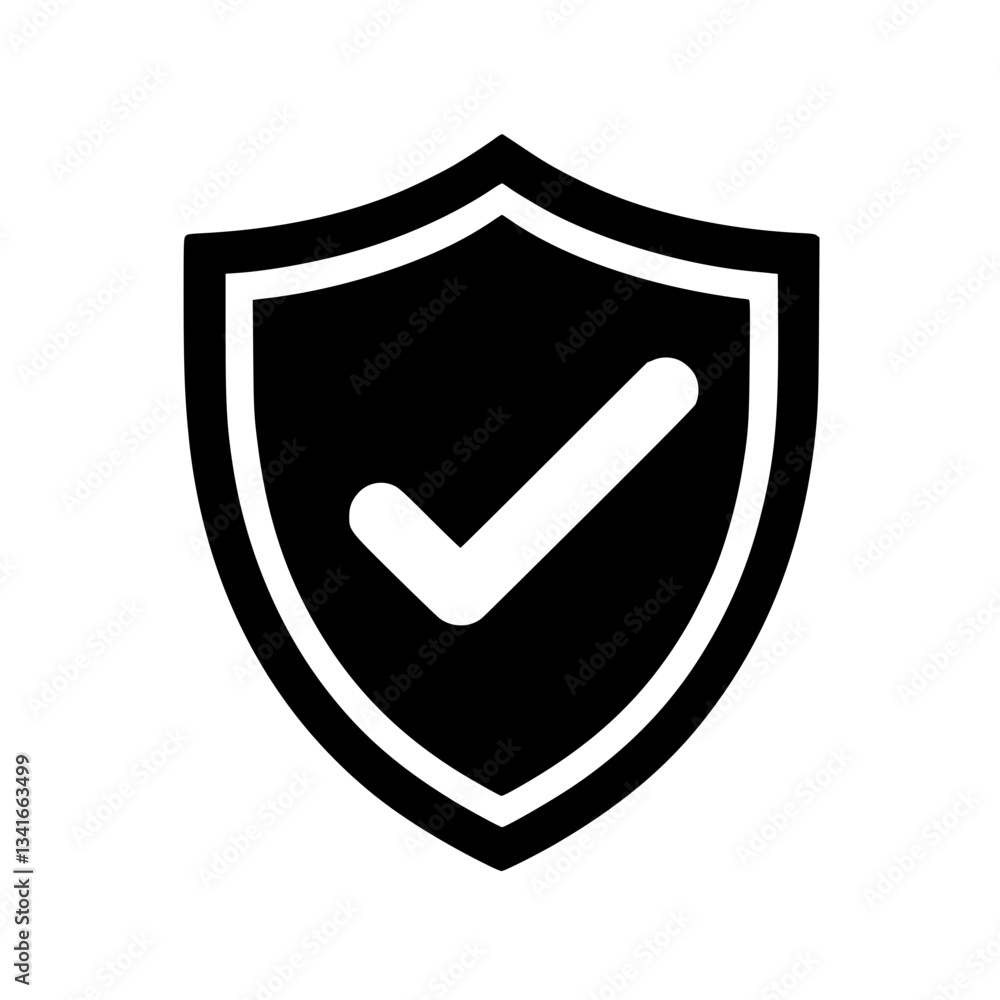 Vector black and white silhouette of a protective shield with a checkmark, drawn with minimalist strokes Vector black and white silhouette of a protective shield with a checkmark, drawn with minimalist strokes