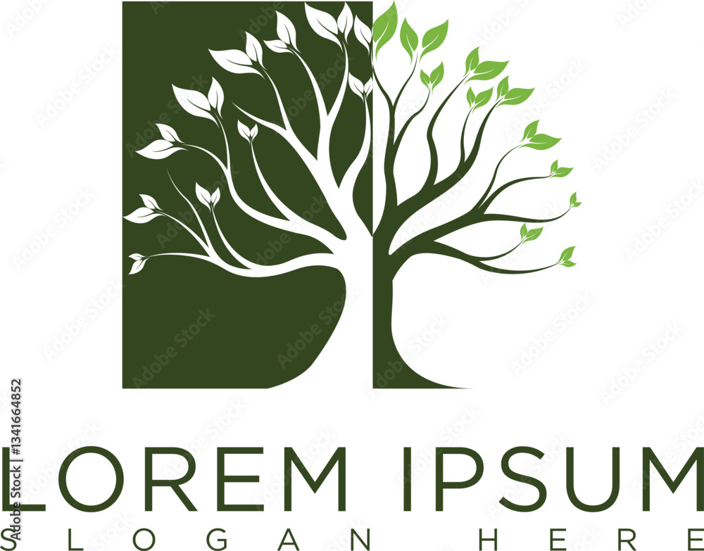 Obraz premium Minimalist red and black combination tree logo, futuristic touch geometric elements, suitable for brands that focus on green technology, or the environment. Available in high quality vector format