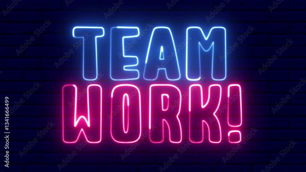 Team Work neon sign. Team Work text font with neon light. Luminous and shimmering haze inside the letters of the text Team Work. Team Work neon sign. Team Work text font with neon light. Luminous and shimmering haze inside the letters of the text Team Work.