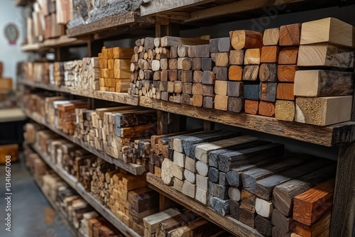 Wallpaper Mural Exploring a Maze of Shelves Filled With Diverse Wood Types in a Woodworking Workshop at Noon Torontodigital.ca