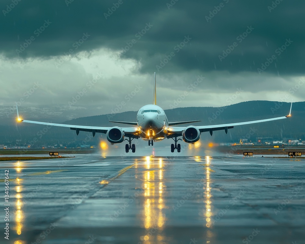 Naklejka premium Airplane Approaching Runway Amid Dark Stormy Clouds and Rain