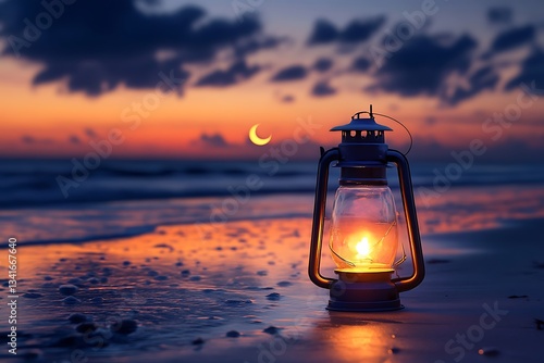 A vintage lantern glows on a beach at sunset with a crescent moon in the vibrant colorful sky above the ocean